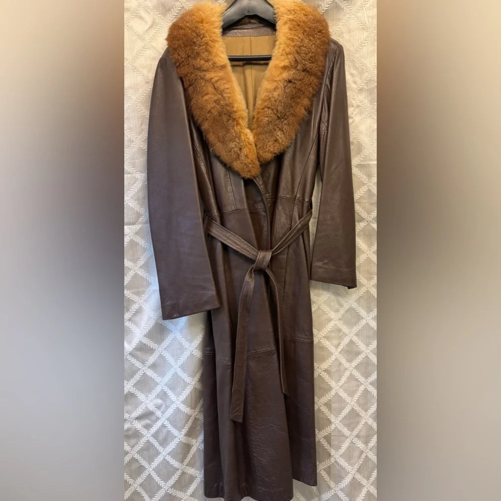 Brown Leather Coat with Fur Collar - Picture 3 of 10